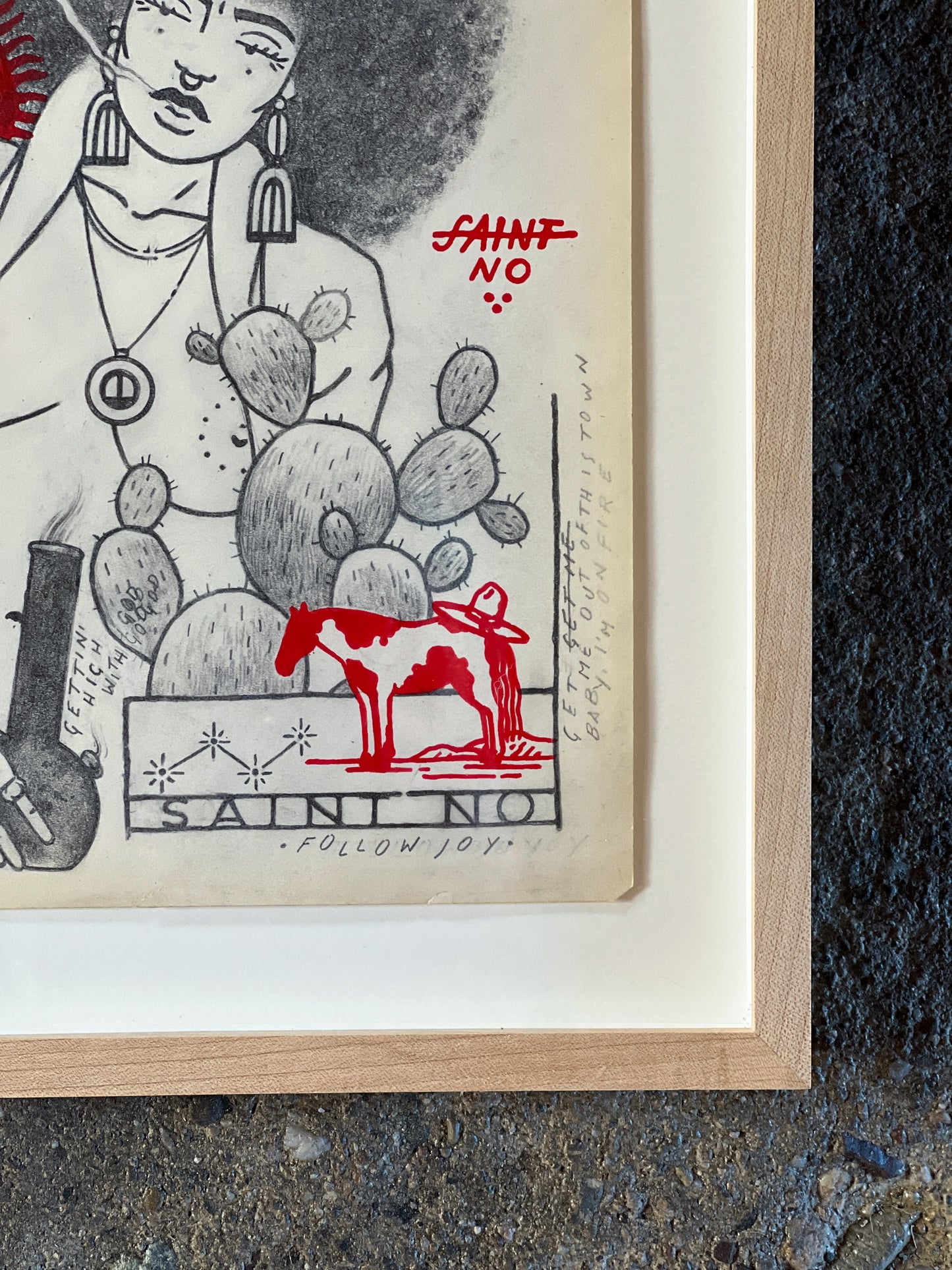 SAINT NO "Sun Cult" | 8.5x11 acrylic, gesso, pencil on found paper in natural wood frame