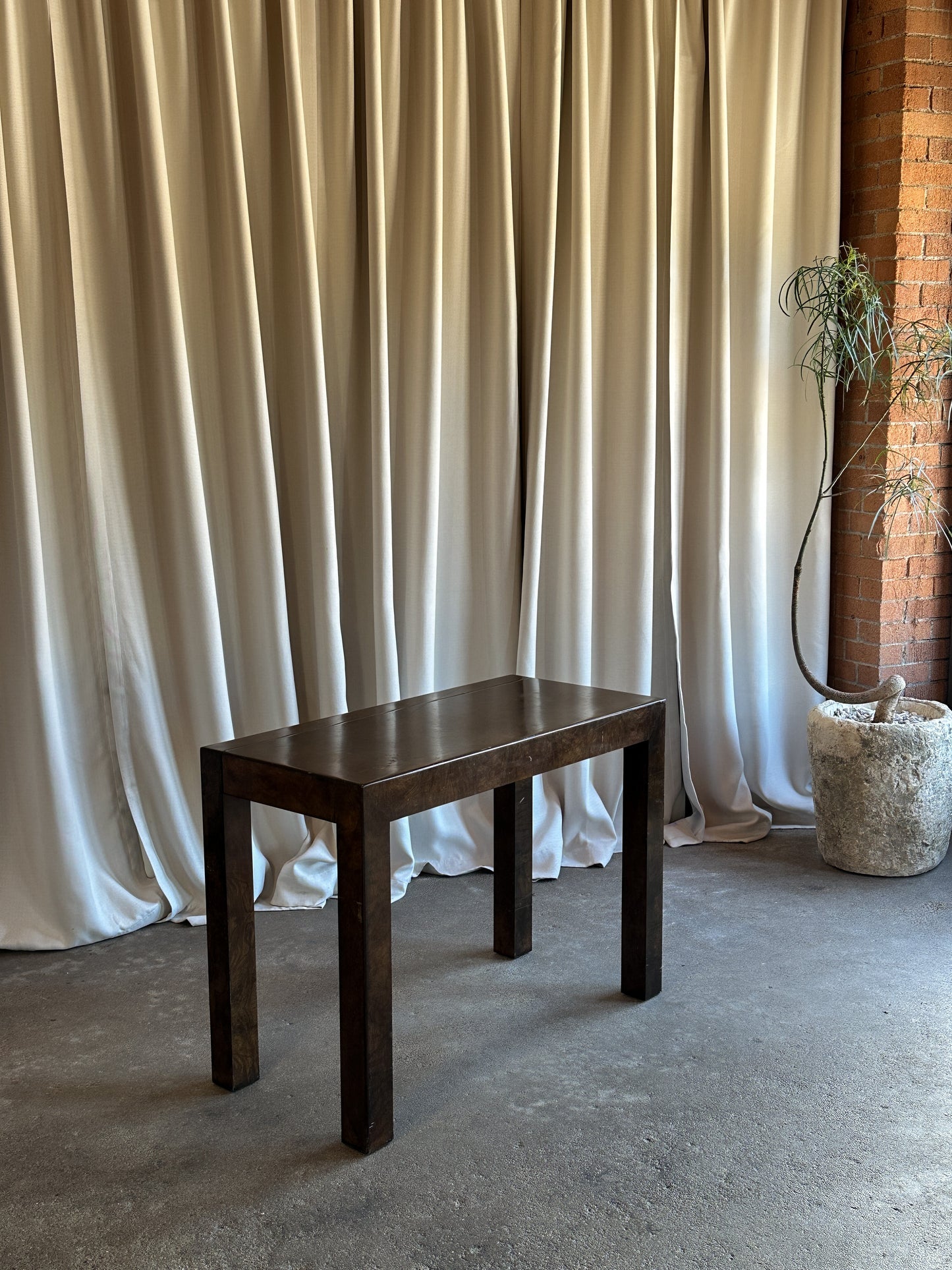 Burl Wood Expandable Parsons Dining Table by John Widdicomb