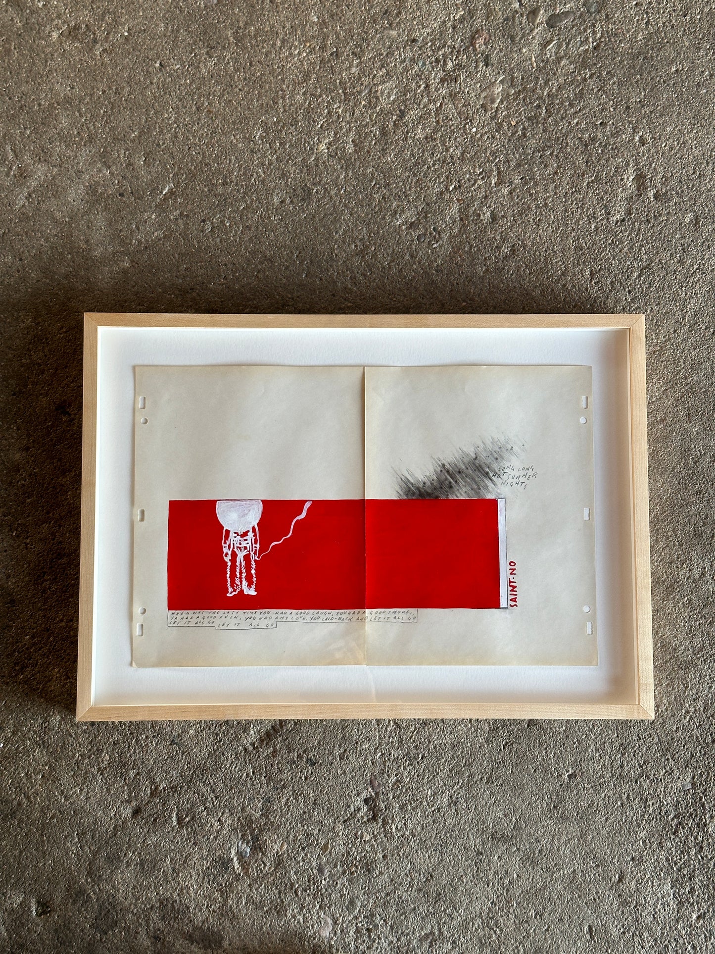 SAINT NO "Long Hot Summer Nights" | 16.75"x11" pencil, acrilic and gesso on found paper in natural wood frame