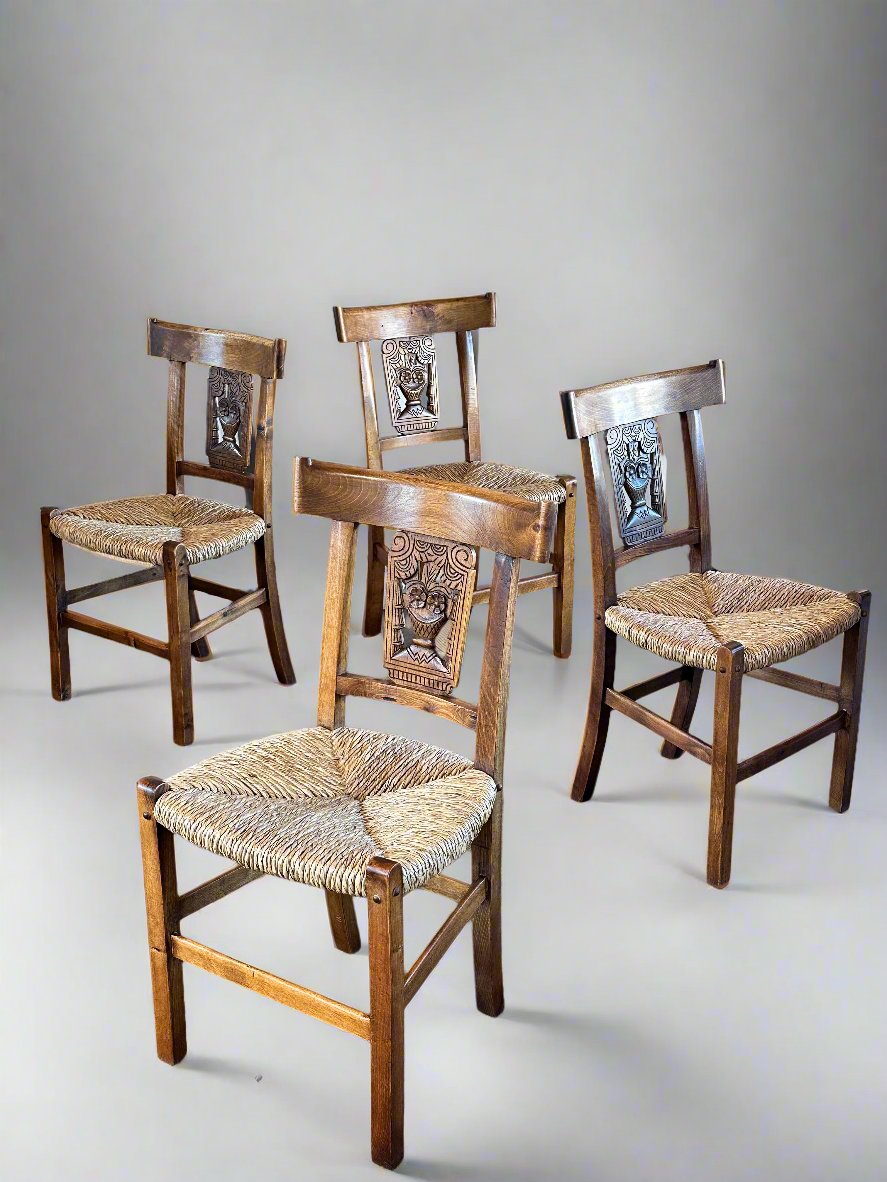 Vintage Spanish Rush Seat Dining Chairs (set of 4) | Made in Spain