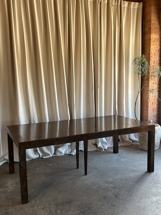 Burl Wood Expandable Parsons Dining Table by John Widdicomb