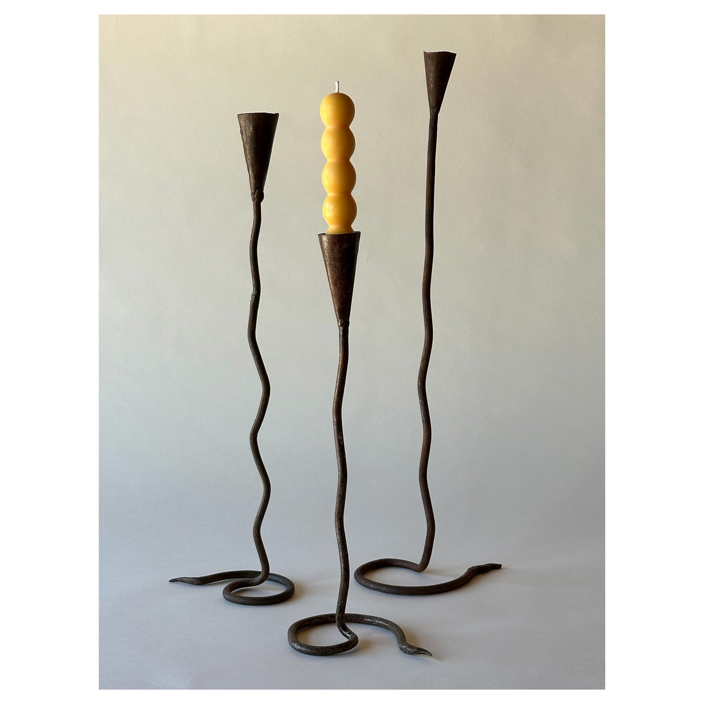 Trio of Vintage Hand-Forged Wrought Iron Candlesticks